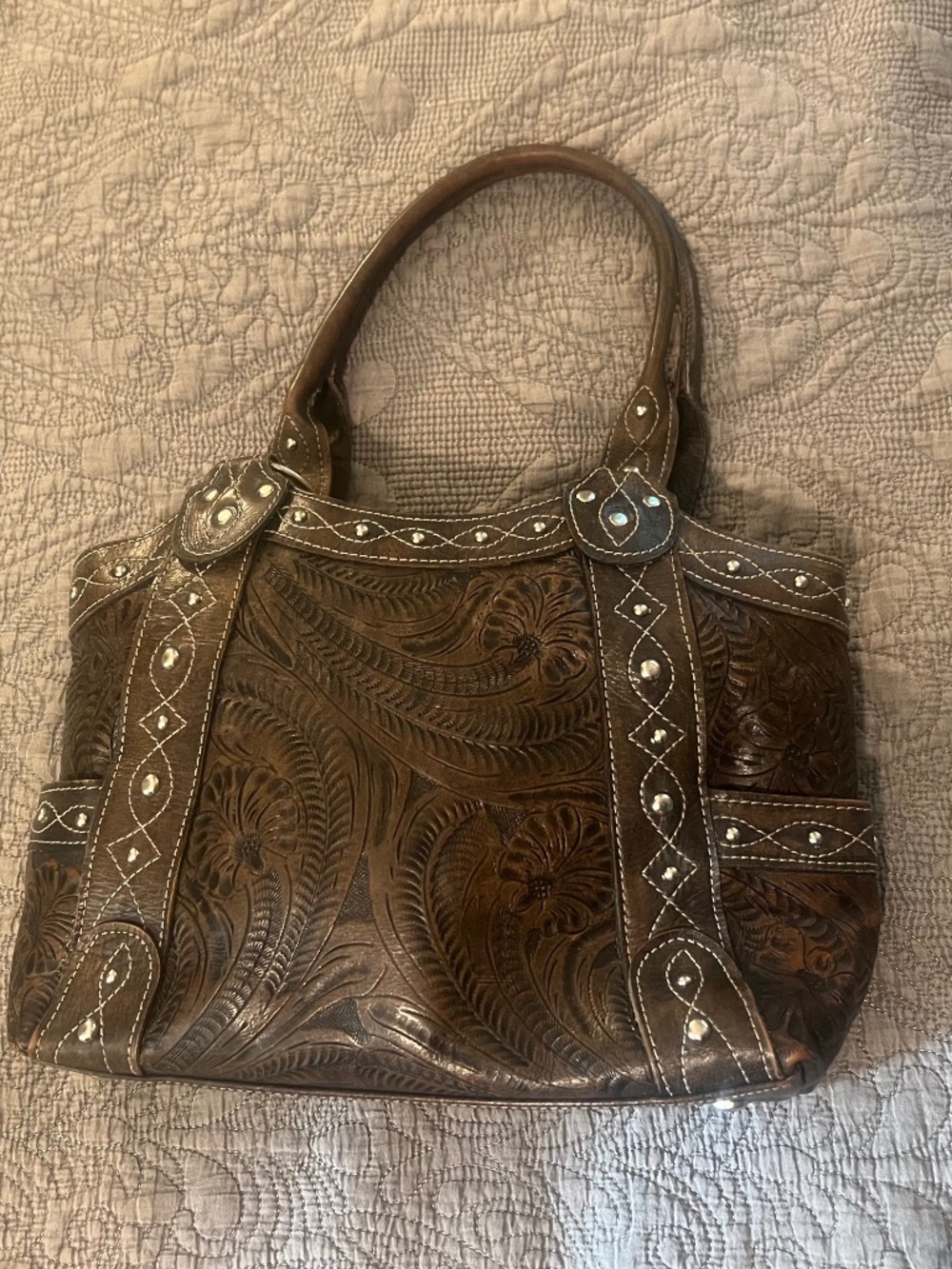 American West Tooled Brown Leather Bag, Zippered, Side Pockets, Western Rivets